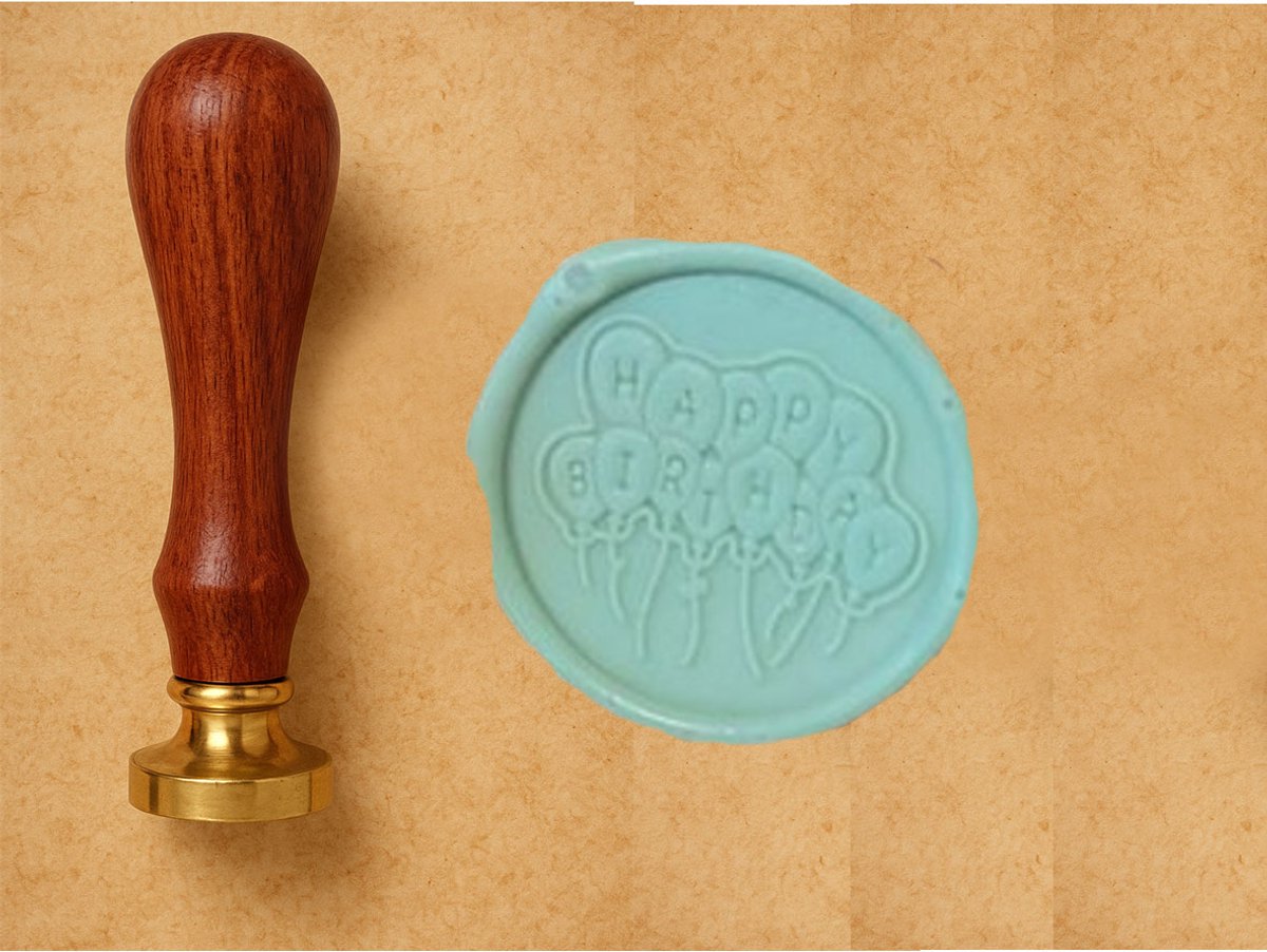 Lakstempel Ø25mm | Happy Birthday ballonnen | donkerbruin handvat